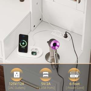 Table de toilette moderne Phoenix Home 8 tiroirs avec lumière LED Table de toilette en bois blanc - Product Image 6