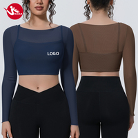 Atasan Yoga Wanita Model Dua Lapis dengan Logo Ballet Core Custom, Lengan Pendek, Panel Mesh, dan Bra Terintegrasi untuk Lari, Fitness, dan Latihan