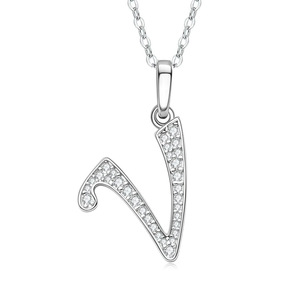 Ciondolo a V in Argento Placcato Rodio con Charm in Cristallo a Forma di Lettera, Unisex, per Uso Quotidiano, Stile Classico - Product Image 1