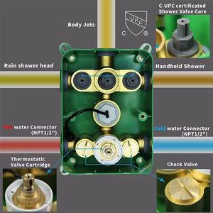 Mitigeur <span class=keywords><strong>de</strong></span> <span class=keywords><strong>douche</strong></span> thermostatique à 3 voies avec affichage LED <span class=keywords><strong>de</strong></span> la température, bouton-poussoir, en laiton, 12 pouces, finition or brossé, design moderne - Product Image 4