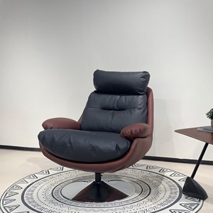 Fauteuil pivotant en cuir véritable écologique pour balcon, design moderne et épuré, avec accoudoirs et pieds en bois massif, mobilier d'appartement 9087 - Product Image 4