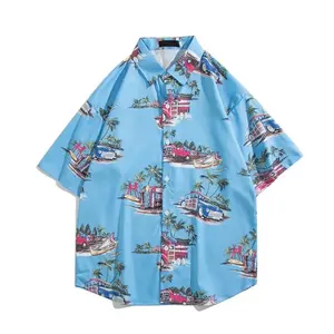 Kaus pantai cepat kering pria, kaos Hawaii motif penuh Polo untuk pria
