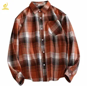 Custom Logo Oversize Color Patchwork Flannel Long Sleeve Drop Shoulders Men's Single-breasted Plaid Shirt