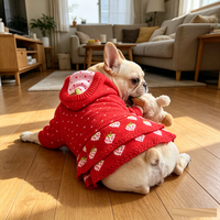 Mignon sweat à capuche pour chien motif fraise, pull rouge en tricot, jupe double couche à motif cœur, vêtements pour animaux de compagnie