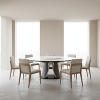 Table à manger extensible et pliable Cooc, style moderne et luxueux, plateau en pierre microcristalline, mécanisme de rotation sur rail, base sculpturale sur piédestal
