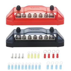 Edge BBS25P Bus bar 2x1/4in studs and 5 screw terminals power distribution block with ring terminals pair red & black