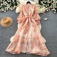 Robe longue décontractée élégante à imprimé floral, coupe trapèze, manches longues, avec ceinture, pour femme, idéale pour les fêtes et le quotidien