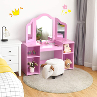 Coiffeuse 2 en 1 en bois, style princesse, coiffeuse, bureau de maquillage avec miroir et étagères de rangement, de couleur rose