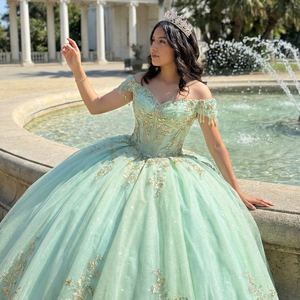 Formal Mint Green Dress - Gold Accented Party Wear