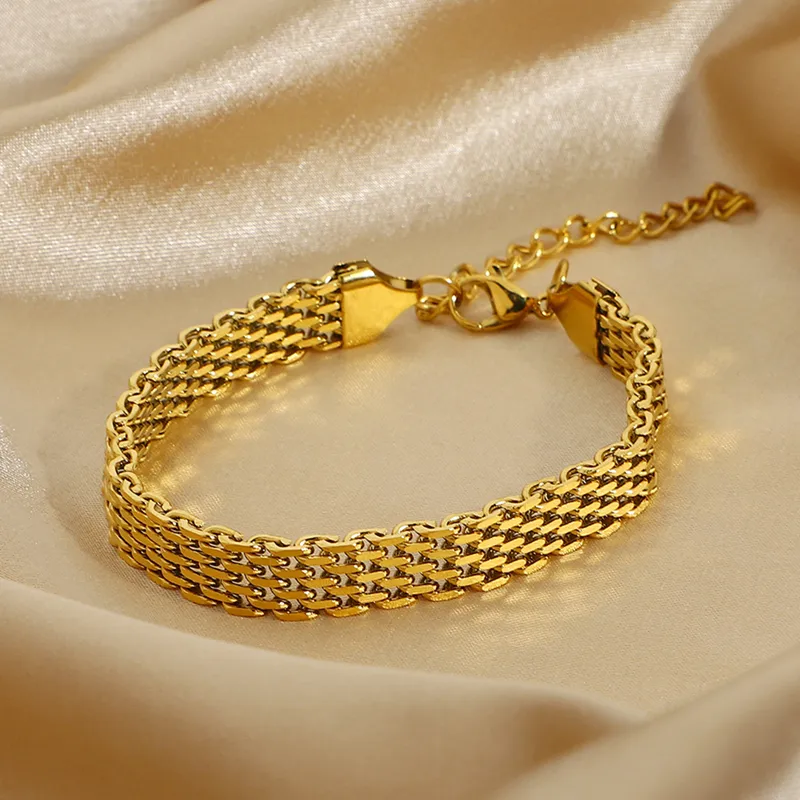 European Retro Wide Mesh Bracelet Cuban Bracelet 18K Gold Plated Wide Stainless Steel Bracelet Bohemian Jewelry