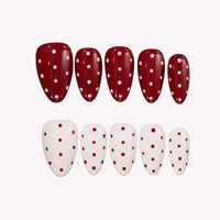 Ongles en acrylique à presser, forme amande, motif pois rouge et blanc contrastant, personnalisables avec estampage doré, longueur moyenne, 10 pièces, boîte en papier
