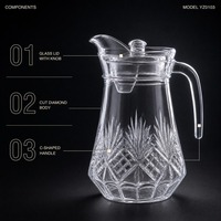 Carafe à Boissons avec Couvercle 1300ml 760g en Verre Transparent Motif Feuille Diamantée, Vente Directe Usine pour Thé Glacé, Lait Réfrigéré