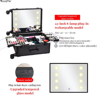 Valise de maquillage professionnelle Wanmei avec miroir LED, chariot de salon de coiffure à 4 roues, rangement portable, ensemble d'outils de coiffure, coffret cadeau