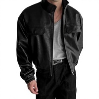Blouson Bomber Noir en PU pour Homme, Col Montant, Fermeture Éclair, Vêtement d'Extérieur Décontracté, Coupe Droite, Motif Géométrique, Respirant, 100% Coton