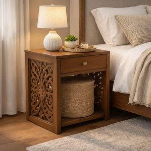 Mesita de Noche Moderna de Madera con Diseño Tallado a Mano, un Cajón de Almacenamiento, Mesa Auxiliar de Madera Maciza, Muebles Rústicos para Dormitorio, Decoración del Hogar - Product Image 5