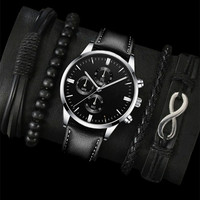 Pulseras de Cuero Tejidas con Cuentas de Estilo Retro, Reloj con Movimiento Electrónico, Conjunto de Joyería para Hombre