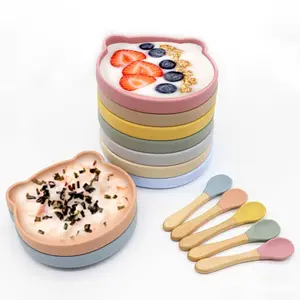 Kustom Ber Set piring silikon bayi, tidak beracun mangkuk hisap kuat sendok makan dibagi piring hisap silikon bayi