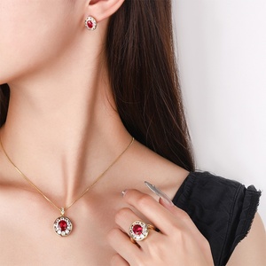 Wholesale Eco-friendly Oval Cut 8*10-5*7mm Red Cubic Zirconia Retro Gold Plated Copper <b>Earings</b> and Rings <b>Set</b> for Women - Product Image 6