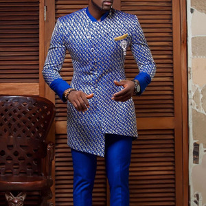 Ensemble chemise et pantalon Dashiki pour homme, imprimé africain, motif géométrique bleu, manches longues, col montant, vêtements traditionnels - Product Image 4