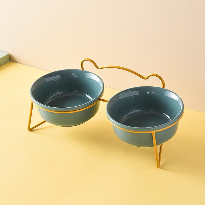 Blue Double Bowls with Gold Stand