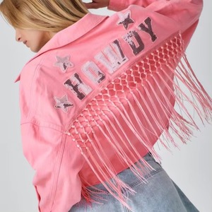 Nueva llegada Rosa Blanco recortado borla Denim mujer Howdy Chaqueta corta Jean blanco rasgado chaqueta con flecos - Product Image 1