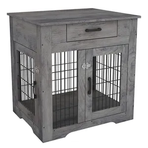 Boîtier en fil métallique, barres, Cage pour chien en bois, Table d'extrémité, tiroir de rangement, maison intérieure pour chien