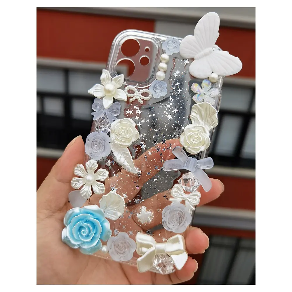 3D 버터 플라이 로즈 꽃 전화 케이스 아이폰 12 11 13 14 프로 맥스 Xr 8 플러스 삼성 Xiaomi Exposy 반짝이 럭셔리 커버