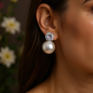 E2144 Orecchini a lobo in oro bianco con diamante rotondo e perla d'acqua dolce, gioielli classici da donna - Product Image 2