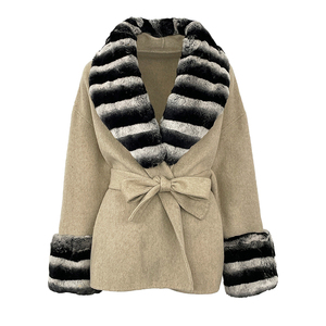 Abrigo de Primavera Elegante e Informal para Mujer, Tejido de Lana de Doble Cara, con Cuello y Puños de Piel de Conejo Rex Teñida de Chinchilla, Cinturón, Chaqueta Gruesa - Product Image 3