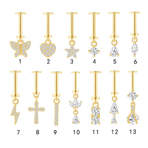 Piercing Labret sans fil en argent sterling 925, motif fleur et étoile, avec zircon CZ transparent doré vintage, pour lèvre - Product Image 2