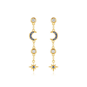 Boucles d'oreilles longues à pampilles en argent S925, motif géométrique étoile et lune - Product Image 1