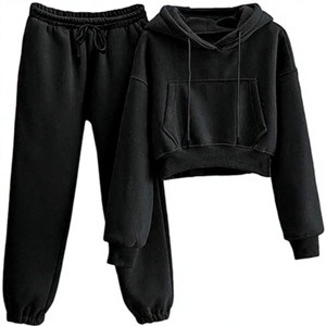 Ensemble jogging et sweat à capuche 2 pièces pour femme en molleton de coton mélangé, respirant, écologique, coupe ample, décontracté, sportswear, manches lanternes courtes - Product Image 1