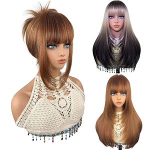 Perruques synthétiques longues droites <span class=keywords><strong>avec</strong></span> <span class=keywords><strong>frange</strong></span> perruques de <span class=keywords><strong>cheveux</strong></span> en couches naturelles pour les femmes quotidiennes Cosplay fête fibres résistantes à la chaleur - Product Image 4