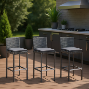 Ensemble de 6 tabourets de bar gris en rotin et métal, design contemporain pour utilisation en bar - Product Image 2