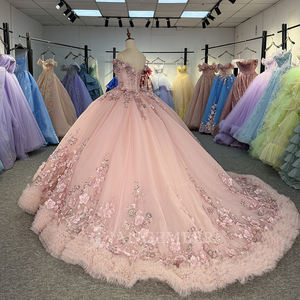 Vestido de Quinceañera Vintage de Gasa Rosa con Apliques, Escote Corazón, Hombros Descubiertos, 100% Algodón, Formal, Modelo Dy1229-1 - Product Image 5