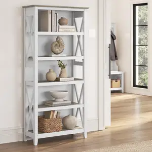 Farmhouse Display Tall Accent Cabinet Bush Washed White Furniture Key West Bookcase Shelf Open Bookcase