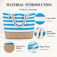 Tas Pantai Kanvas Bergaris Kustom Kapasitas Besar dengan Pegangan Tali dan Resleting, Tas Belanja, Tas Perjalanan, Grosir OEM Label Pribadi