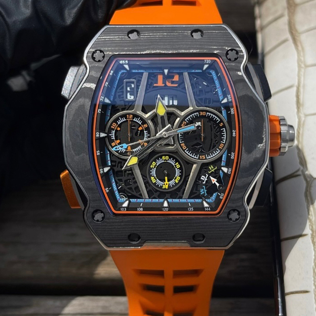 Luxury Fashion Carbon Fiber Case Skeleton Movement Rubber Strap Casual Business Water Resistant Men's Mechanical Watch