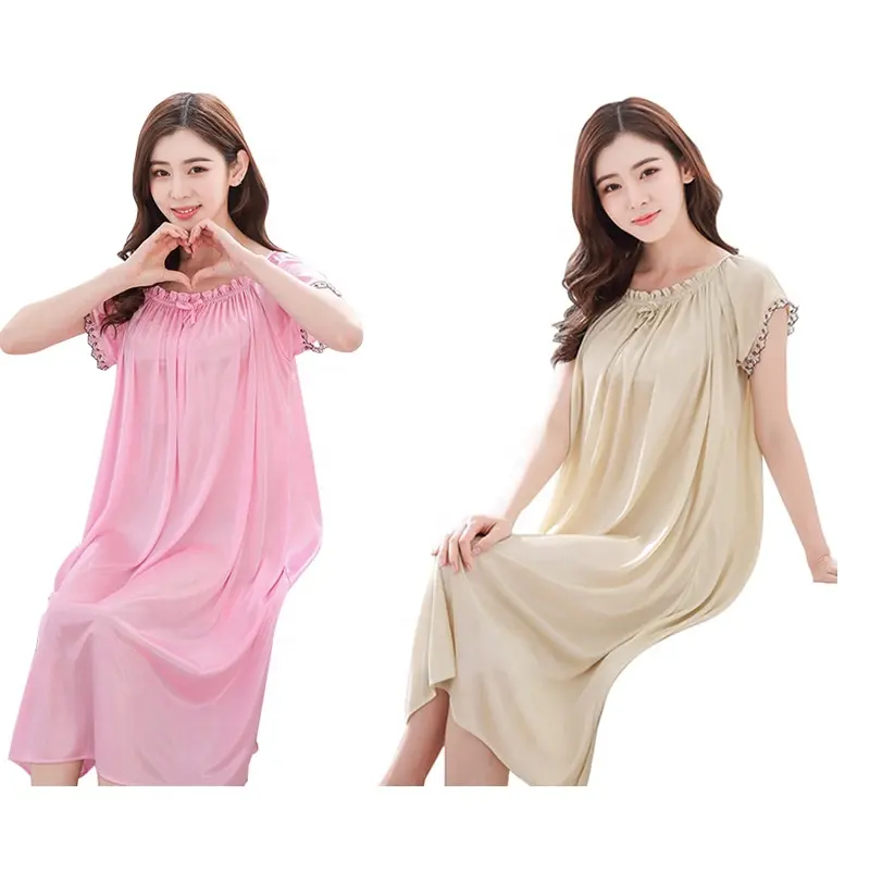 Gaun Maxi Pakaian Tidur Wanita, Baju Tidur Lengan Pendek Warna Polos, Baju Malam untuk Musim Panas