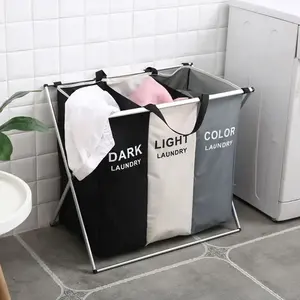 Large 3 Section Laundry Bag X Shape Grey Collapsible Laundry Basket Durable Clothes Bag For College Apartment