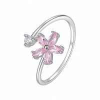 Anillo Abierto Glowluxe con Flor de Cerezo y Zirconia Rosa, Plata de Ley 925 Pulida, Joyería Moderna y Elegante