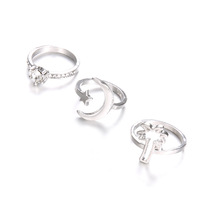 KR-77 Ensemble de 3 bagues en alliage métallique pour femme, style simple, finition miroir, motifs étoile, lune et cocotier, couleur argent