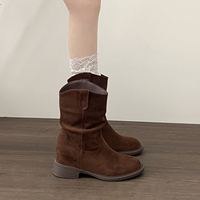 Bottines à bout rond et talon carré en daim pour femme, style western, avec découpe en V et languette repliable, 3 couleurs.