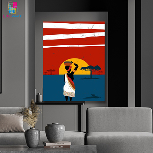 UNIART familia africana que lleva agua al atardecer arte de pared estilo africano ilustraciones con marco lienzo impresión arte de pared para decoración del hogar - Product Image 4