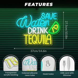 Enseigne néon LED en acrylique « Économisez l'eau, buvez de la tequila » avec motif tranche de citron vert, à suspendre au mur pour bar, lounge, maison, fête - Product Image 3