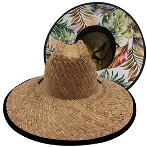 Wholesales wide brim summer printed sun beach lifeguard surf safari fishing mat rush grass mixed woven straw sun hat for men