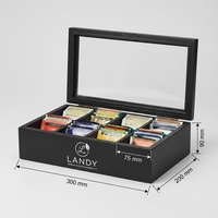 Boîte à thé Landy en MDF noir, organisateur de rangement à 8 compartiments avec couvercle en verre pour garde-manger, vente en gros, fabricant