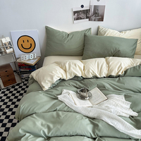 Parure de Lit Uni Tendance en Coton Lavé Quatre Pièces Housse de Couette Drap Plat et Taies d'Oreiller Douce et Agréable pour la Peau Maison Hôtel