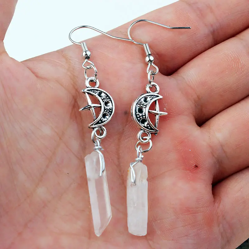 New Star Moon Earrings Gothic Artificial Quartz Stone Crystal Rough Stone Pendant Pagan Lady Jewelry