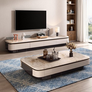 Set Moderno di Lusso con Tavolino Quadrato <span class=keywords><strong>in</strong></span> <span class=keywords><strong>Legno</strong></span> <span class=keywords><strong>e</strong></span> Marmo <span class=keywords><strong>e</strong></span> Mobile TV per Soggiorno con Cassetti, Design Unico <span class=keywords><strong>in</strong></span> <span class=keywords><strong>Vetro</strong></span> Nero - Product Image 4